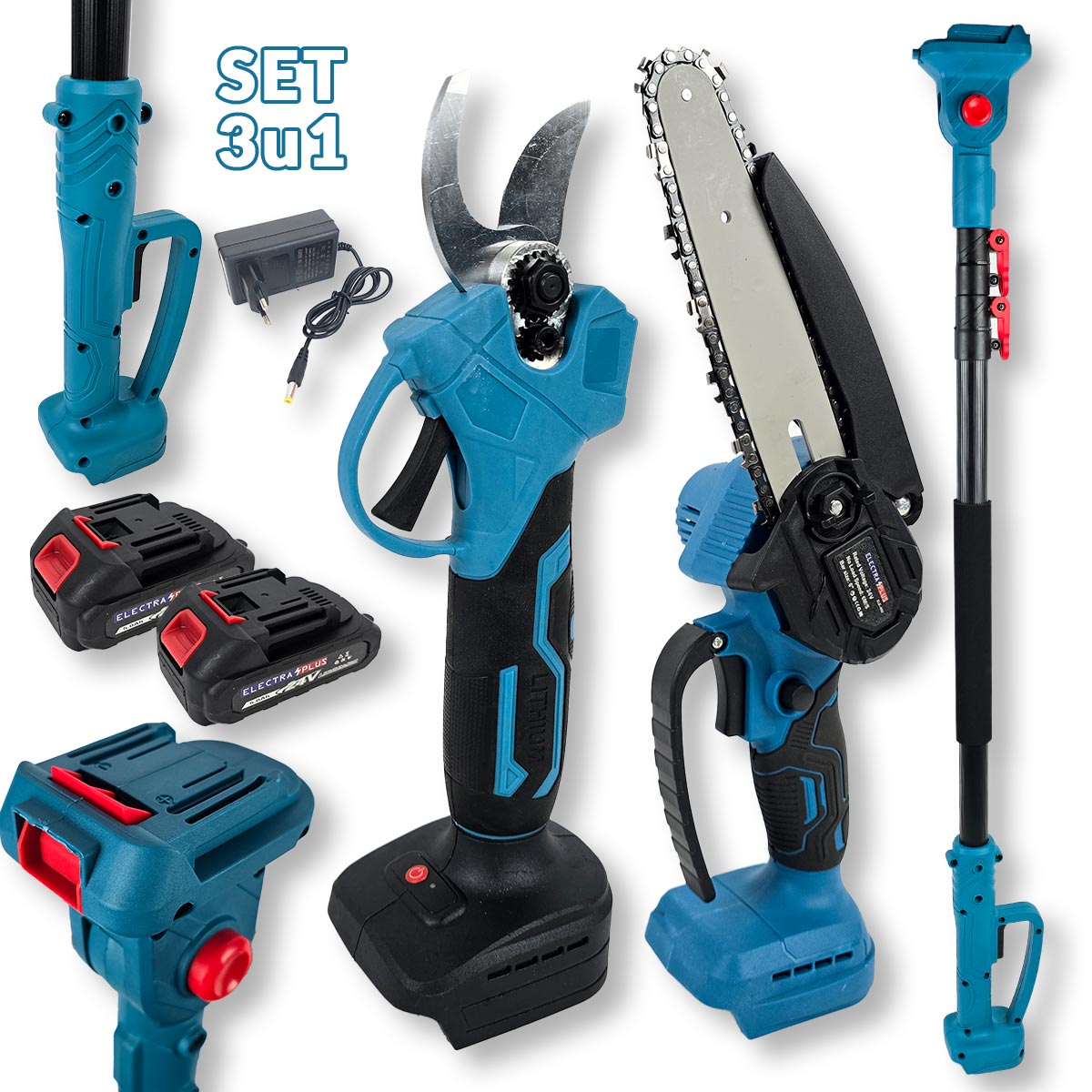 Aku set 3u1 Electra Plus - škare pila teleskopski štap EL003 - Mediteran Shop