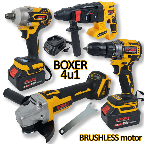 Boxer aku set 4u1 Bušilica Udarni odvijač Kutna brusilica SDS štemerica - Mediteran Shop