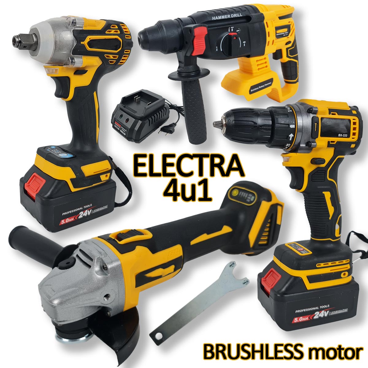 Electra aku set 4u1 Bušilica Udarni odvijač Kutna brusilica SDS štemerica - Mediteran Shop
