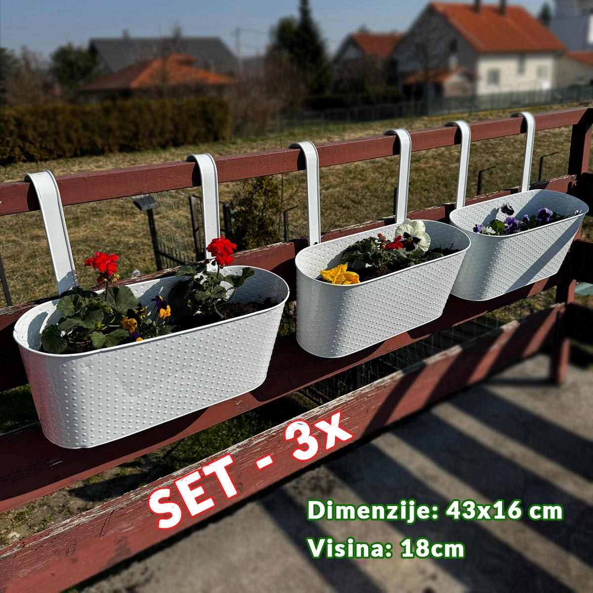 Vrtne metalne posude za cvijeće - 3 velike bijele G722 - Mediteran Shop